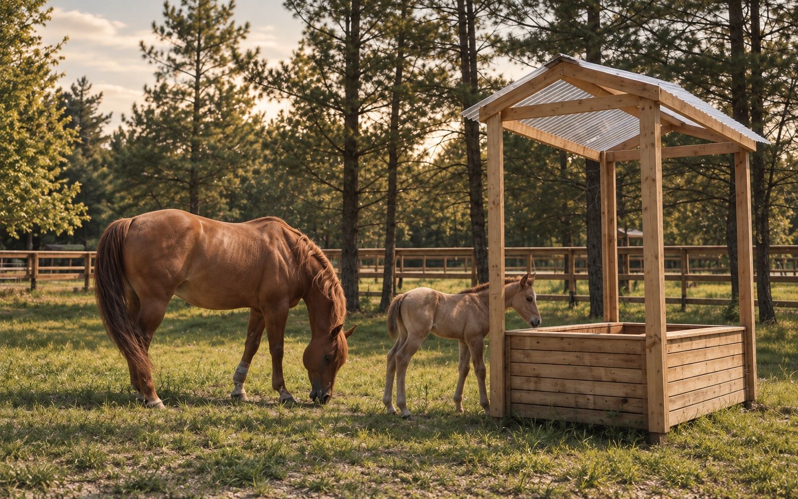 Une jument et son poulain près de l'abri du paddock
