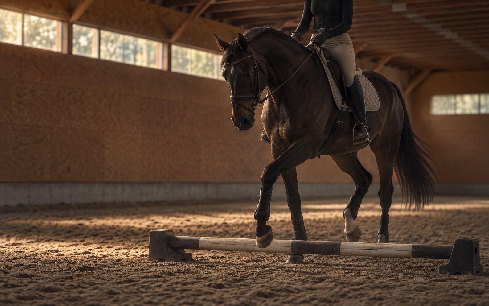 Cavalière en dressage dans le manège intérieur
